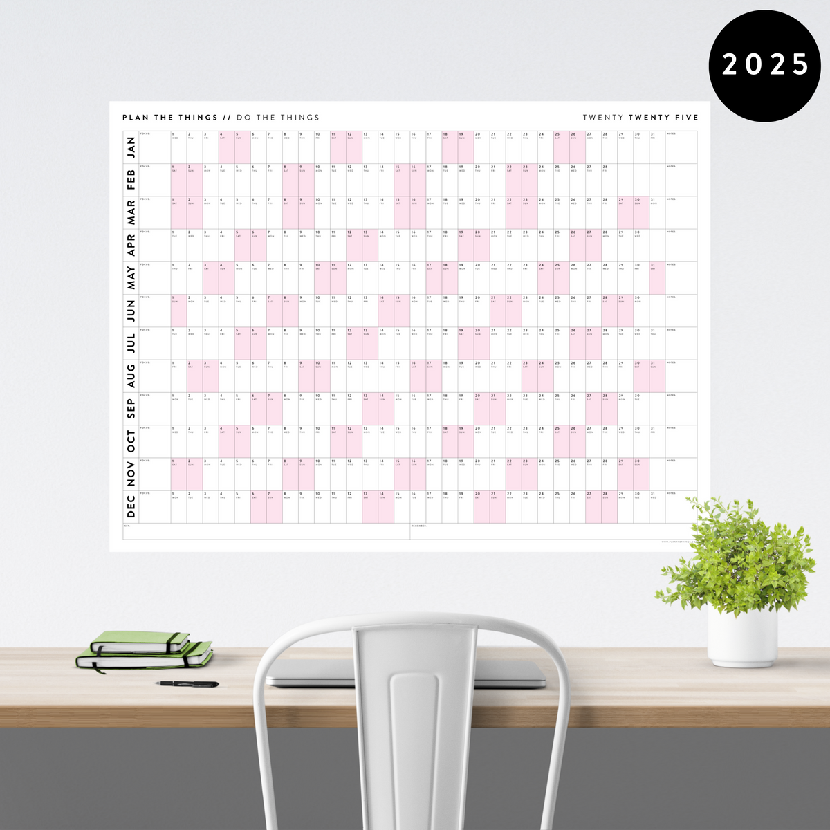 PRINTABLE 2025 HORIZONTAL WALL CALENDAR WITH PINK WEEKENDS - INSTANT D - Plan The Things printable-2025-horizontal-wall-calendar-with-pink-weekends-instant-d-plan-the-things