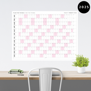 PRINTABLE 2025 HORIZONTAL WALL CALENDAR WITH PINK WEEKENDS - INSTANT DOWNLOAD