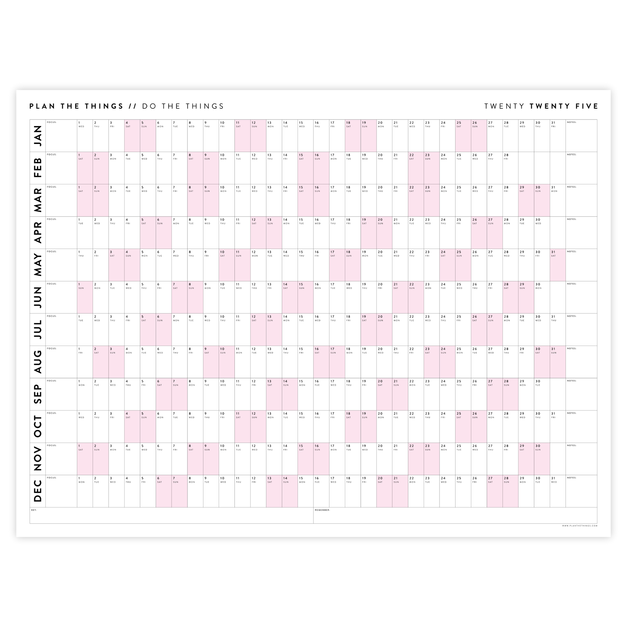 GIANT 2025 ANNUAL WALL CALENDAR | HORIZONTAL WITH PINK WEEKENDS