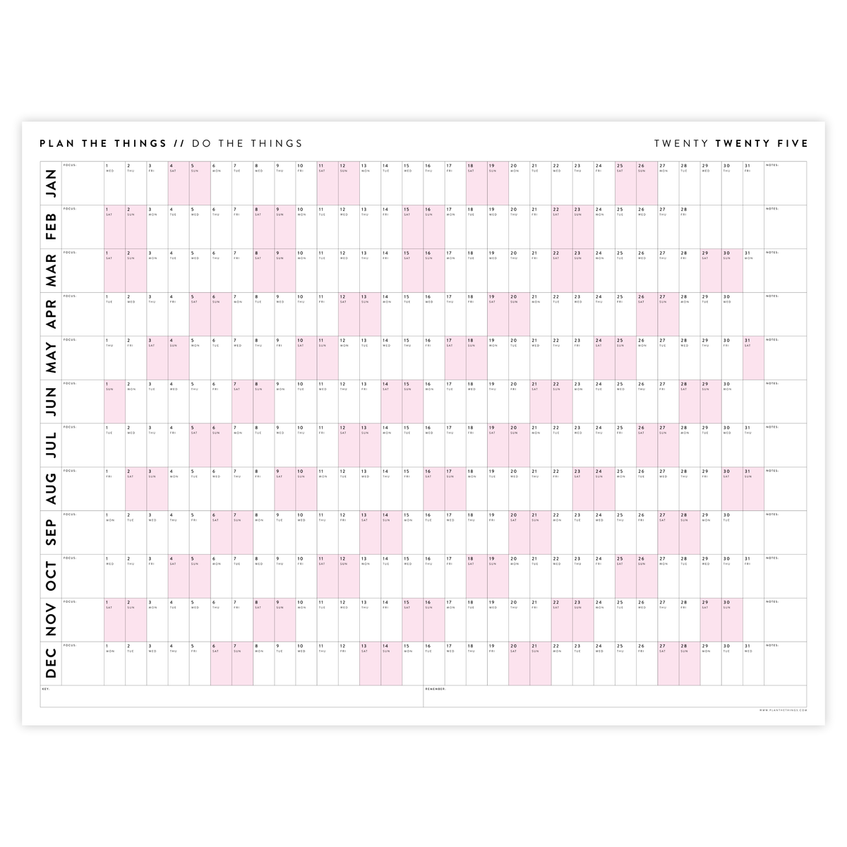 PRINTABLE 2025 HORIZONTAL WALL CALENDAR WITH PINK WEEKENDS - INSTANT DOWNLOAD