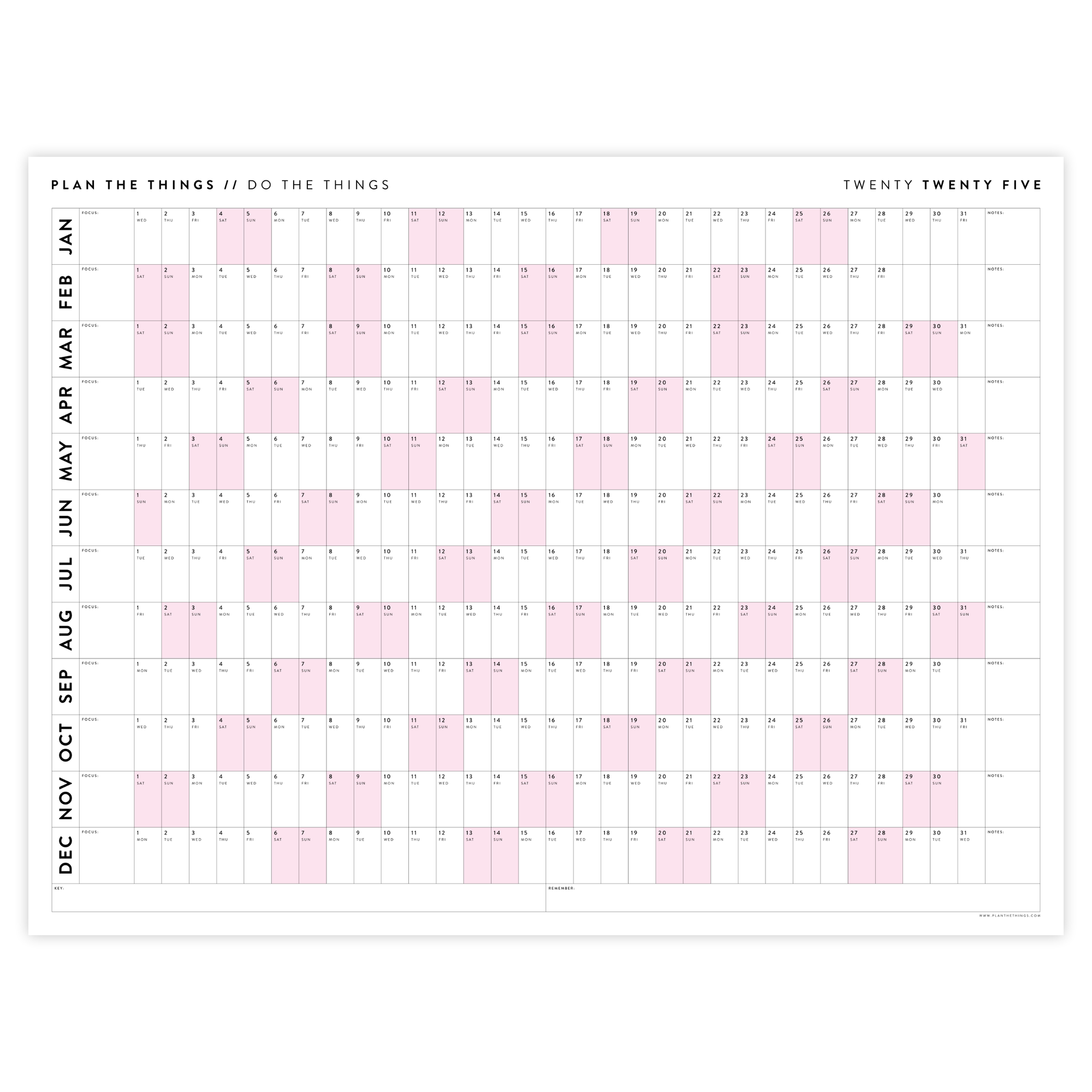 PRINTABLE 2025 HORIZONTAL WALL CALENDAR WITH PINK WEEKENDS - INSTANT DOWNLOAD