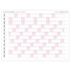 PRINTABLE 2025 HORIZONTAL WALL CALENDAR WITH PINK WEEKENDS - INSTANT DOWNLOAD