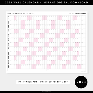PRINTABLE HORIZONTAL 2023 WALL CALENDAR WITH PINK WEEKENDS - INSTANT DOWNLOAD