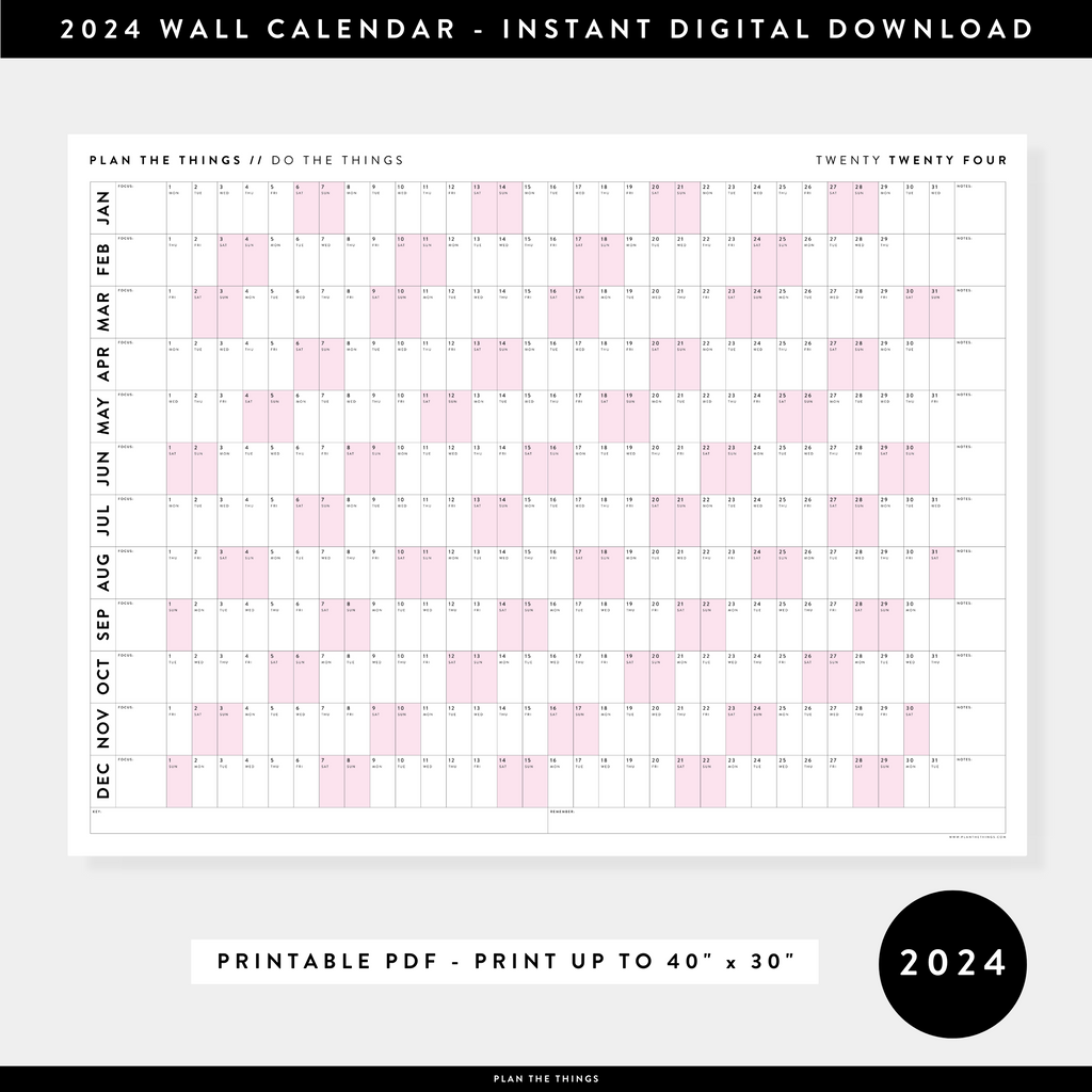 PRINTABLE HORIZONTAL 2024 WALL CALENDAR WITH PINK WEEKENDS - INSTANT D - Plan The Things printable-horizontal-2024-wall-calendar-with-pink-weekends-instant-d-plan-the-things