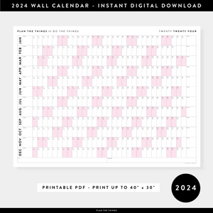 PRINTABLE HORIZONTAL 2024 WALL CALENDAR WITH PINK WEEKENDS - INSTANT DOWNLOAD