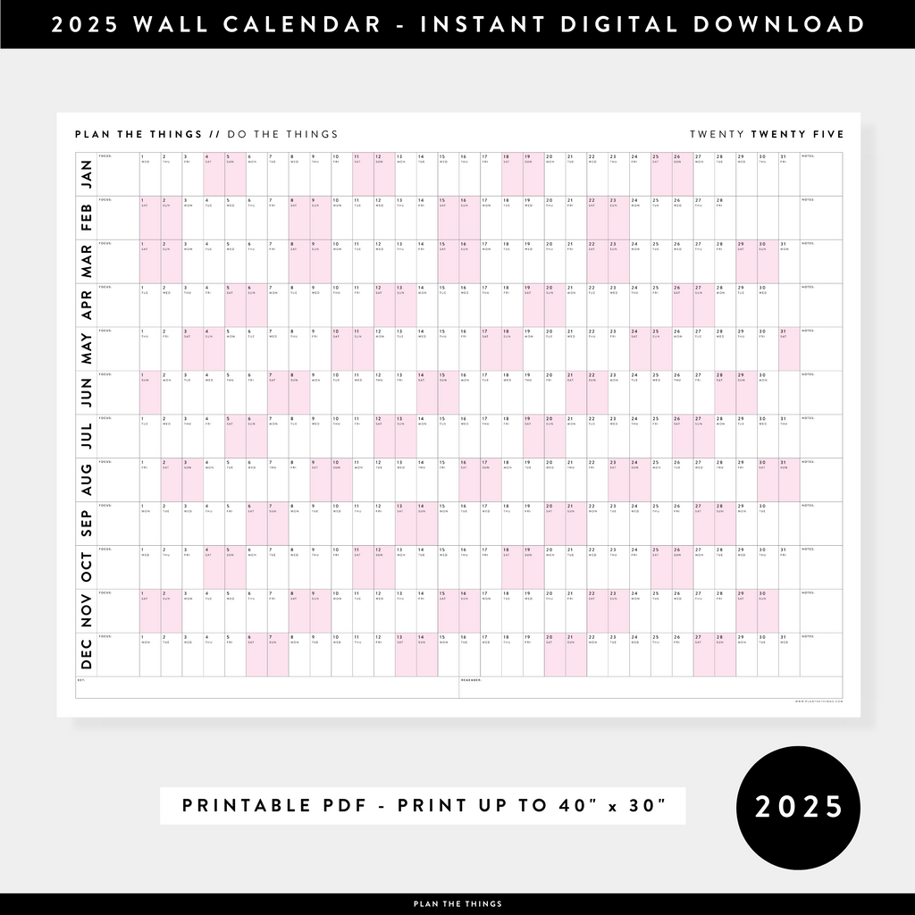 PRINTABLE 2025 HORIZONTAL WALL CALENDAR WITH PINK WEEKENDS - INSTANT D - Plan The Things printable-2025-horizontal-wall-calendar-with-pink-weekends-instant-d-plan-the-things