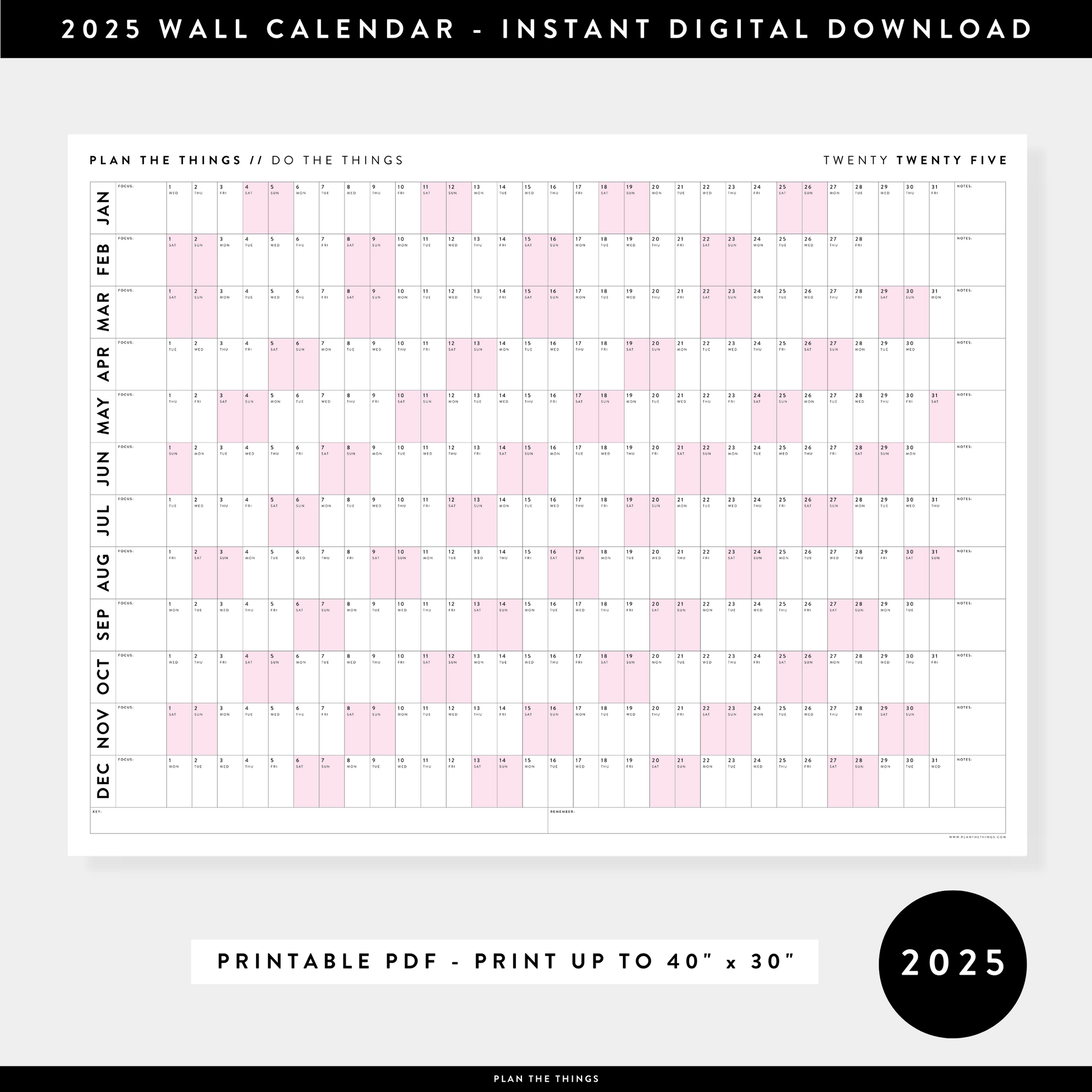 PRINTABLE 2025 HORIZONTAL WALL CALENDAR WITH PINK WEEKENDS - INSTANT DOWNLOAD