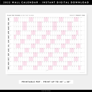PRINTABLE HORIZONTAL 2022 WALL CALENDAR WITH PINK WEEKENDS - INSTANT DOWNLOAD