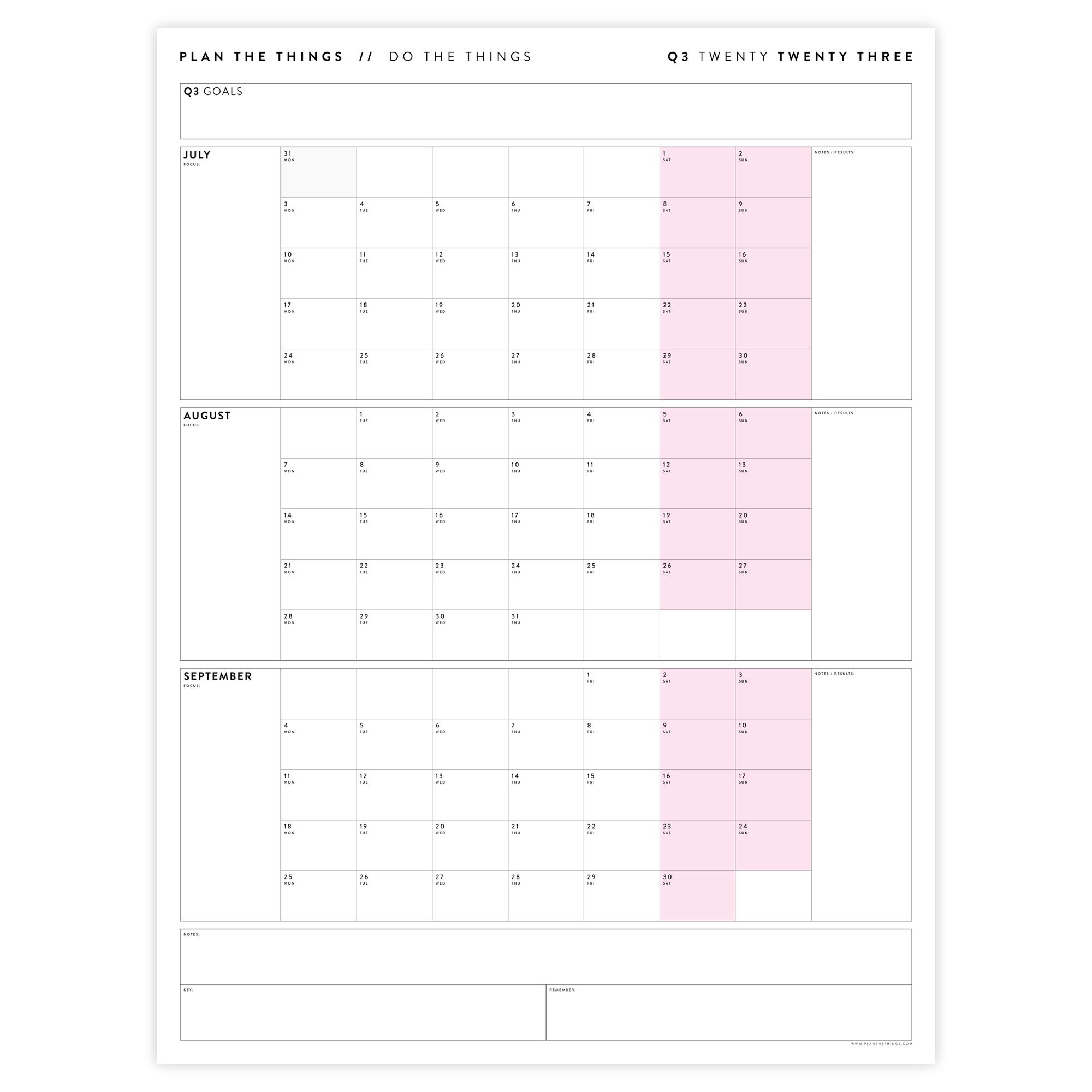 PRINTABLE Q3 (JULY - SEPTEMBER) 2023 QUARTERLY WALL CALENDAR (PINK) - INSTANT PDF DOWNLOAD