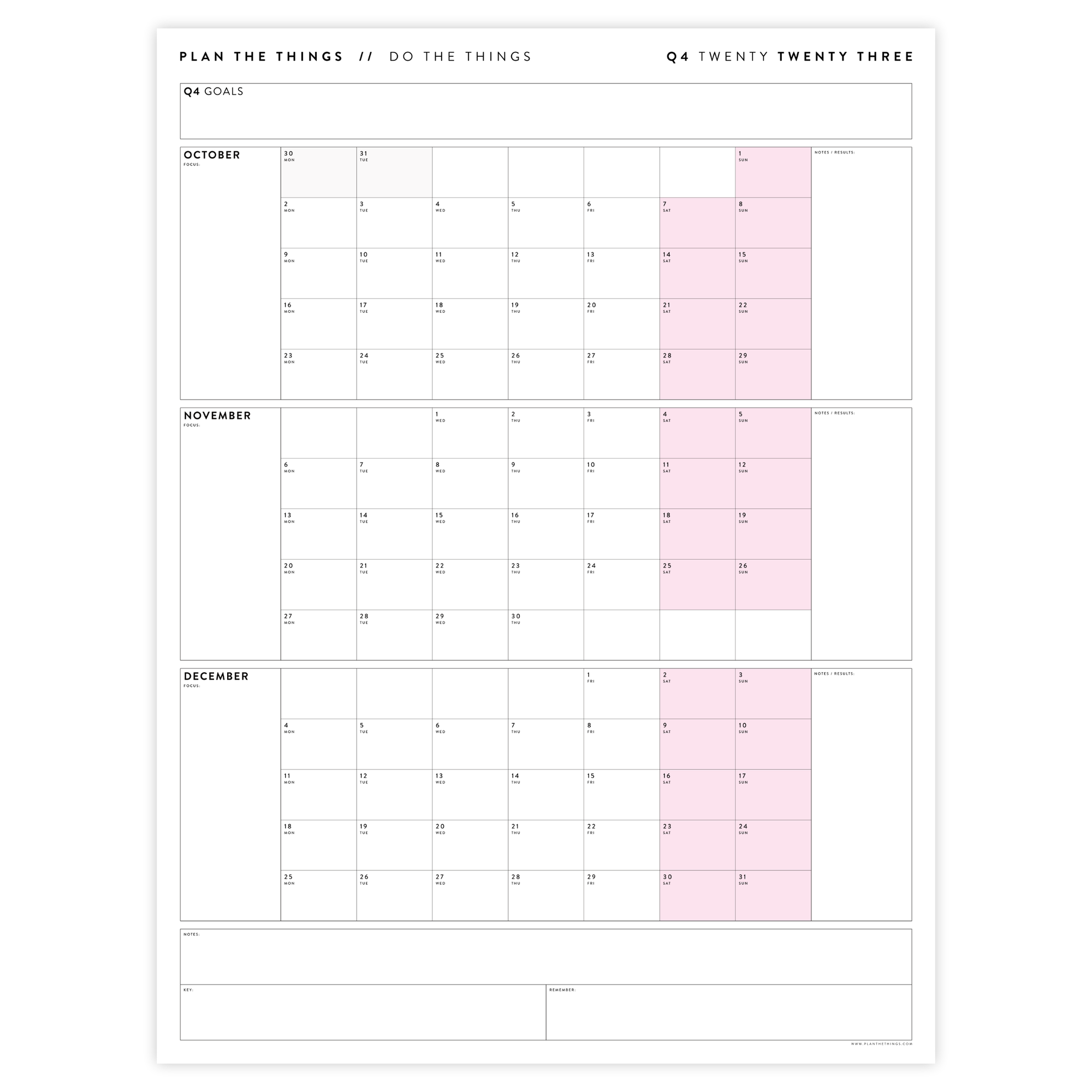 Q4 2023 QUARTERLY GIANT WALL CALENDAR (OCTOBER - DECEMBER 2023) - PINK WEEKENDS