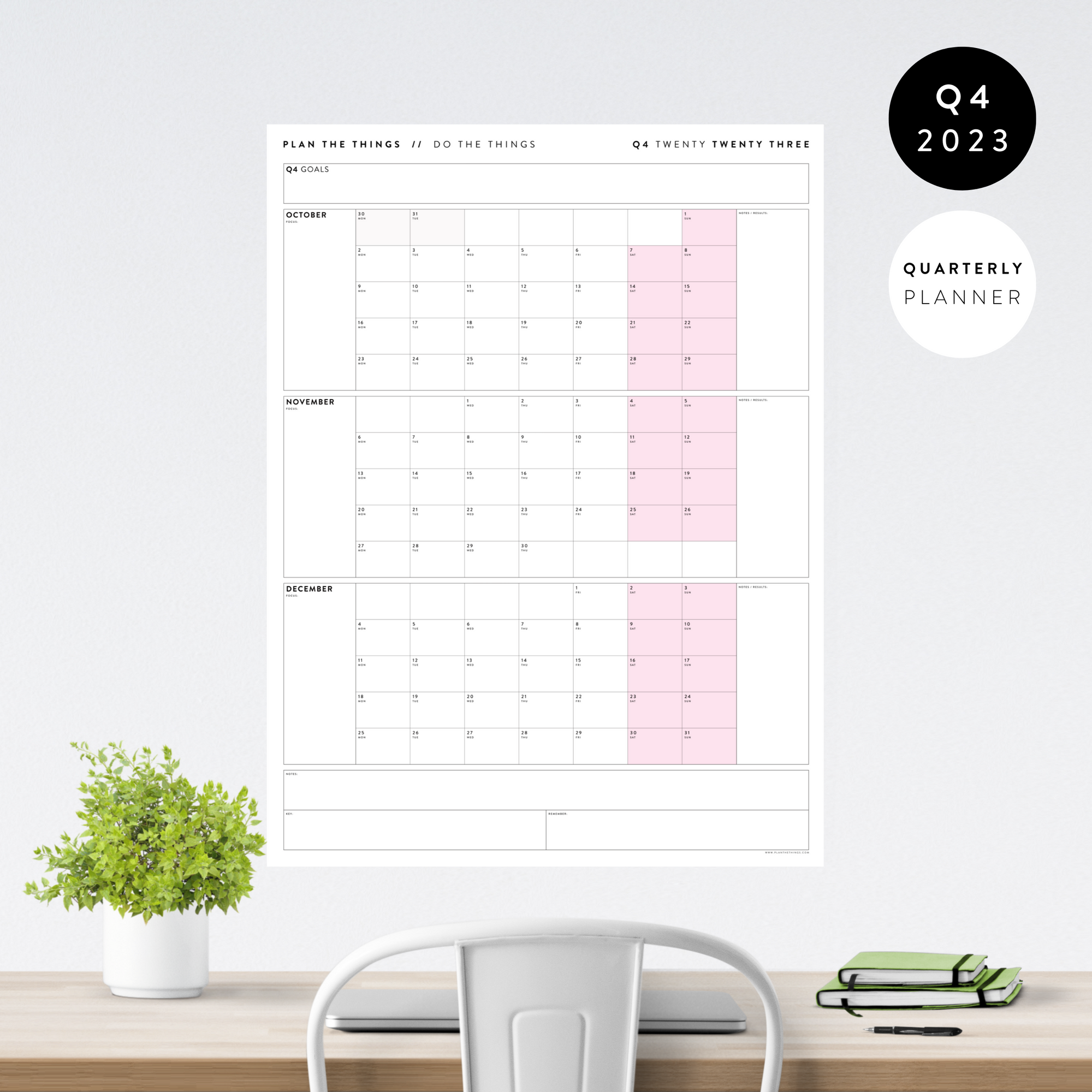 Q4 2023 QUARTERLY GIANT WALL CALENDAR (OCTOBER - DECEMBER 2023) - PINK WEEKENDS