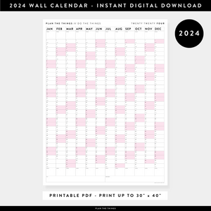 PRINTABLE VERTICAL 2024 WALL CALENDAR WITH PINK WEEKENDS - INSTANT DOWNLOAD