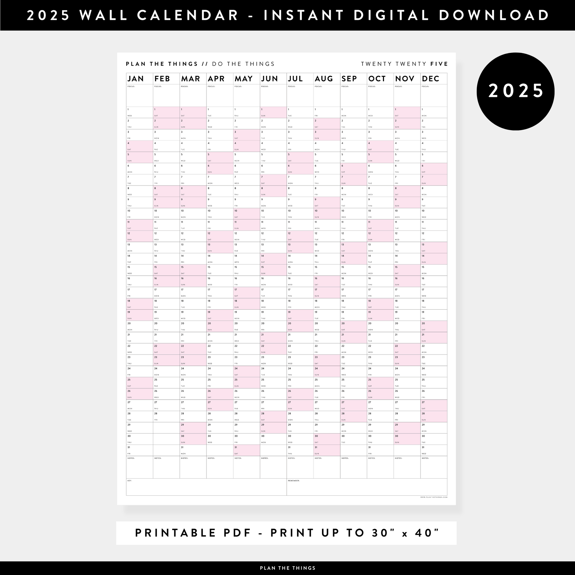 PRINTABLE VERTICAL 2025 WALL CALENDAR WITH PINK WEEKENDS - INSTANT DOWNLOAD
