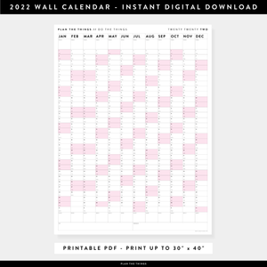 PRINTABLE VERTICAL 2022 WALL CALENDAR WITH PINK WEEKENDS - INSTANT DOWNLOAD