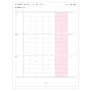 PRINTABLE UNDATED QUARTERLY WALL CALENDAR - MONDAY START - PINK WEEKENDS - INSTANT DOWNLOAD