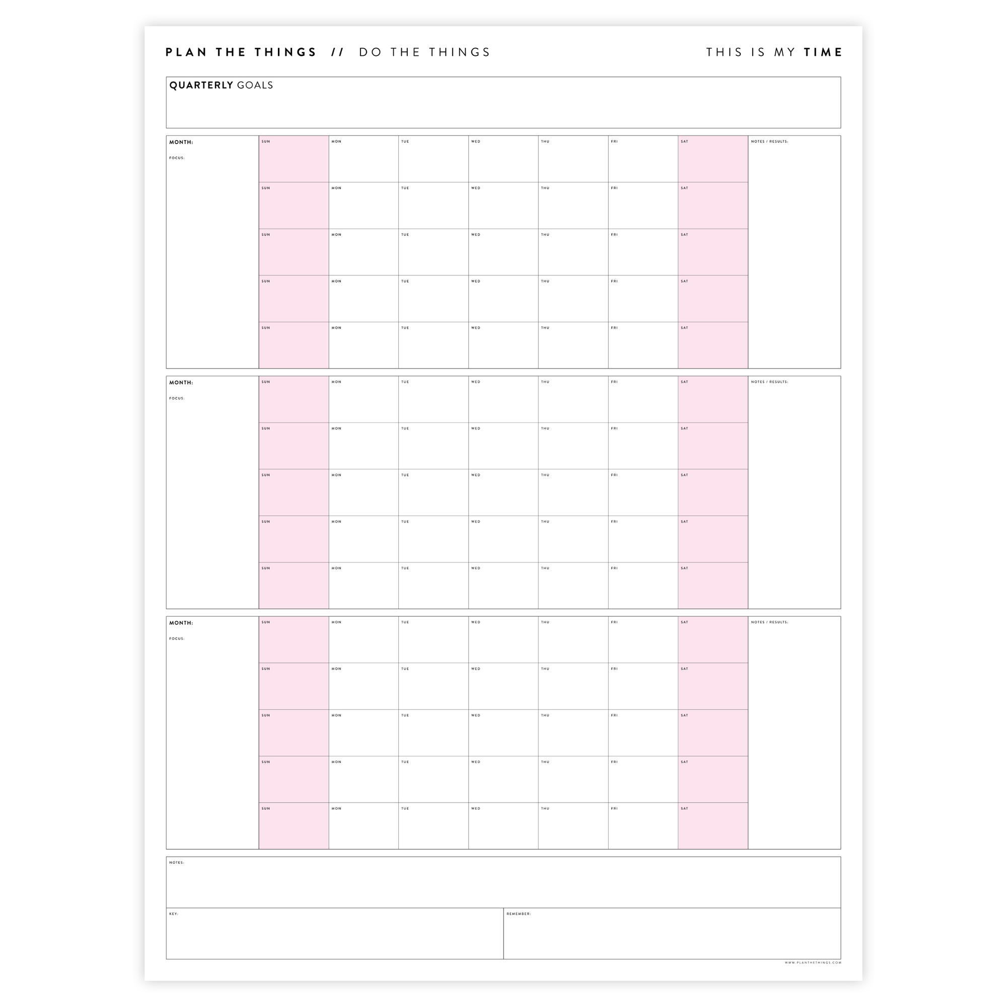 PRINTABLE UNDATED QUARTERLY WALL CALENDAR - SUNDAY START - PINK WEEKENDS - INSTANT DOWNLOAD