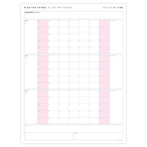 PRINTABLE UNDATED QUARTERLY WALL CALENDAR - SUNDAY START - PINK WEEKENDS - INSTANT DOWNLOAD