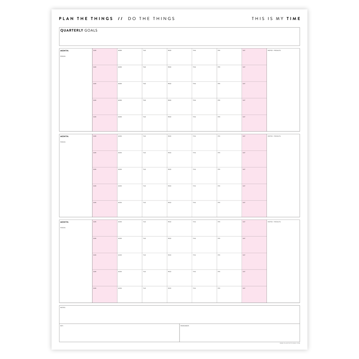 UNDATED QUARTERLY GIANT WALL CALENDAR - SUNDAY START - PINK WEEKENDS