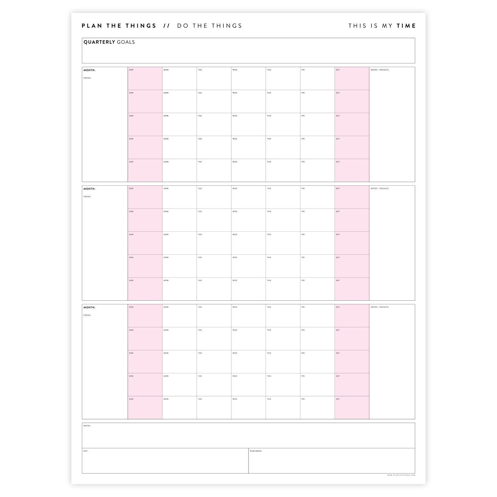 UNDATED QUARTERLY GIANT WALL CALENDAR - SUNDAY START - PINK WEEKENDS