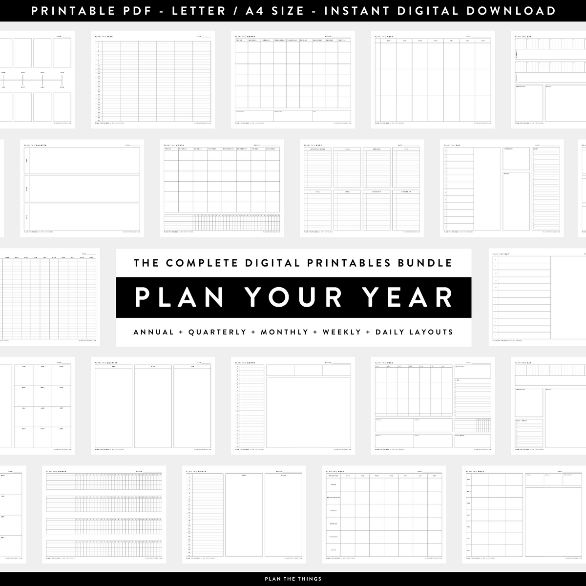 PLAN YOUR YEAR PRINTABLES BUNDLE - Undated Planner Inserts (A4 + US Letter)