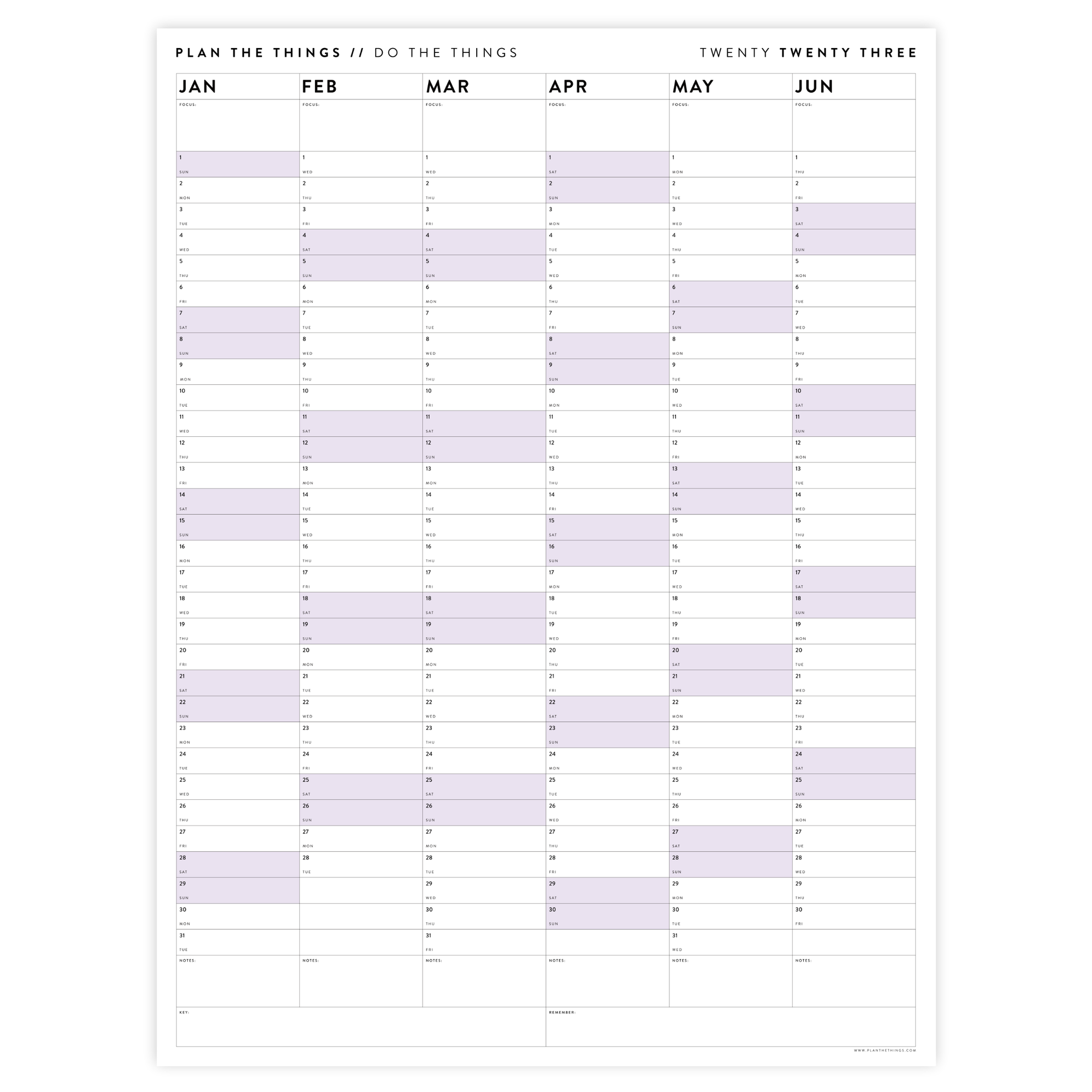 PRINTABLE SIX MONTH 2023 WALL CALENDAR SET WITH PURPLE WEEKENDS - INSTANT DOWNLOAD