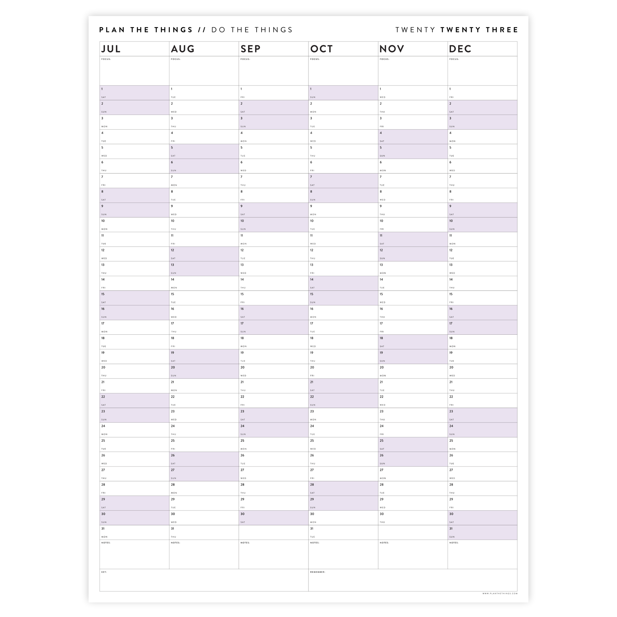 PRINTABLE SIX MONTH 2023 WALL CALENDAR (JULY TO DECEMBER) WITH PURPLE WEEKENDS - INSTANT DOWNLOAD