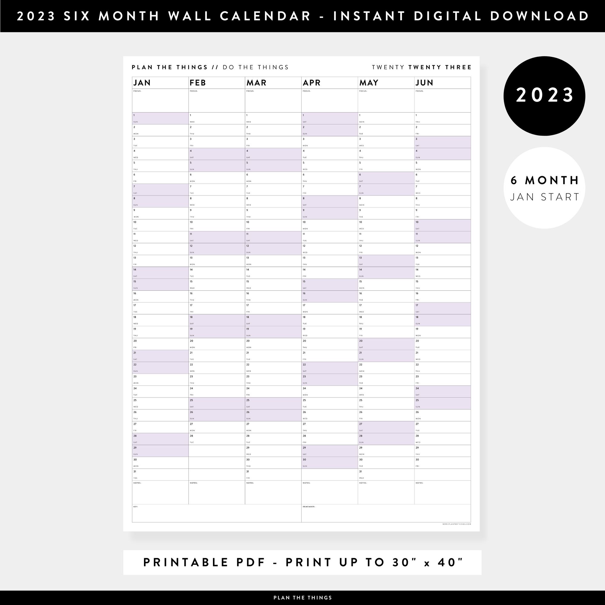 PRINTABLE SIX MONTH 2023 WALL CALENDAR (JANUARY TO JUNE) WITH PURPLE WEEKENDS - INSTANT DOWNLOAD
