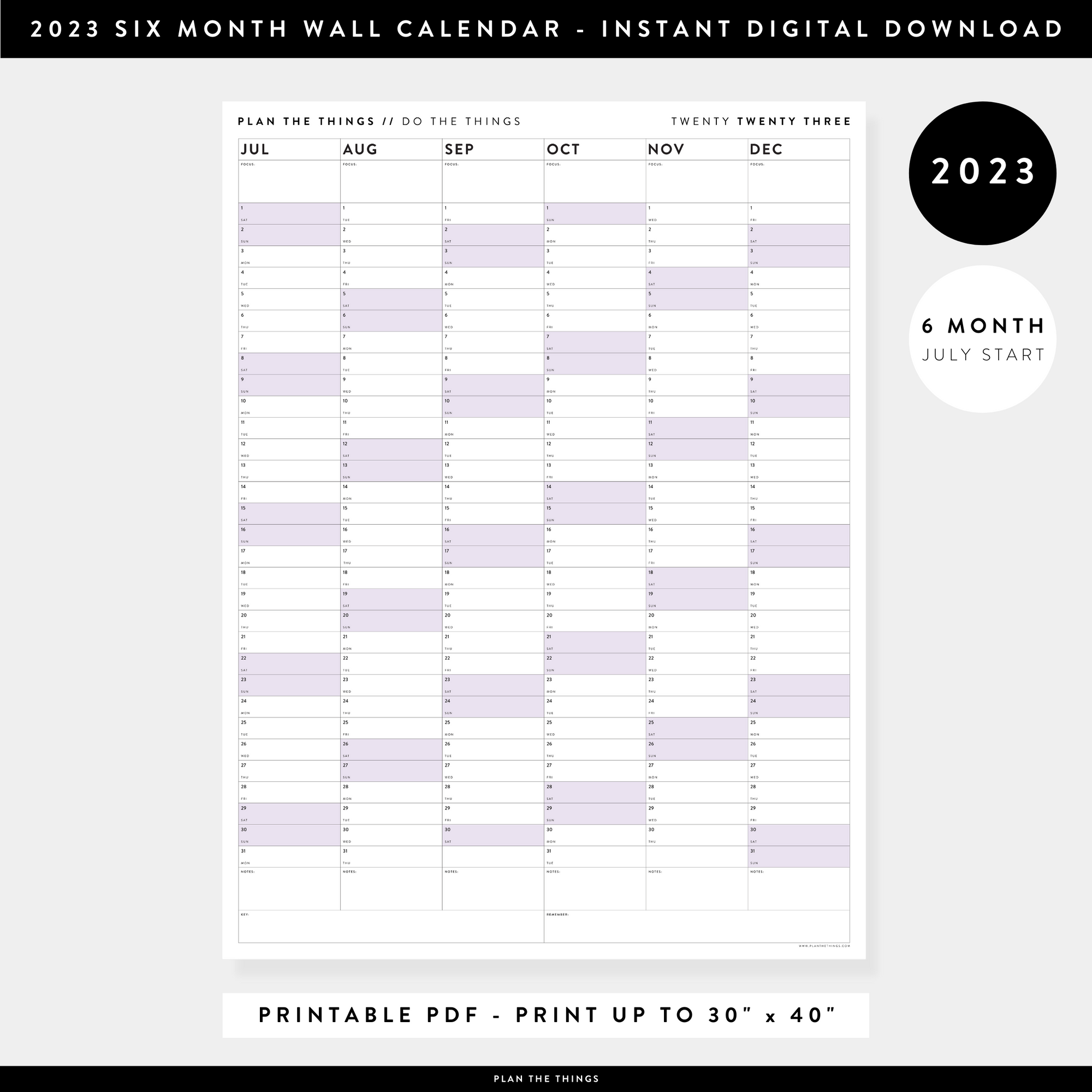 PRINTABLE SIX MONTH 2023 WALL CALENDAR (JULY TO DECEMBER) WITH PURPLE WEEKENDS - INSTANT DOWNLOAD