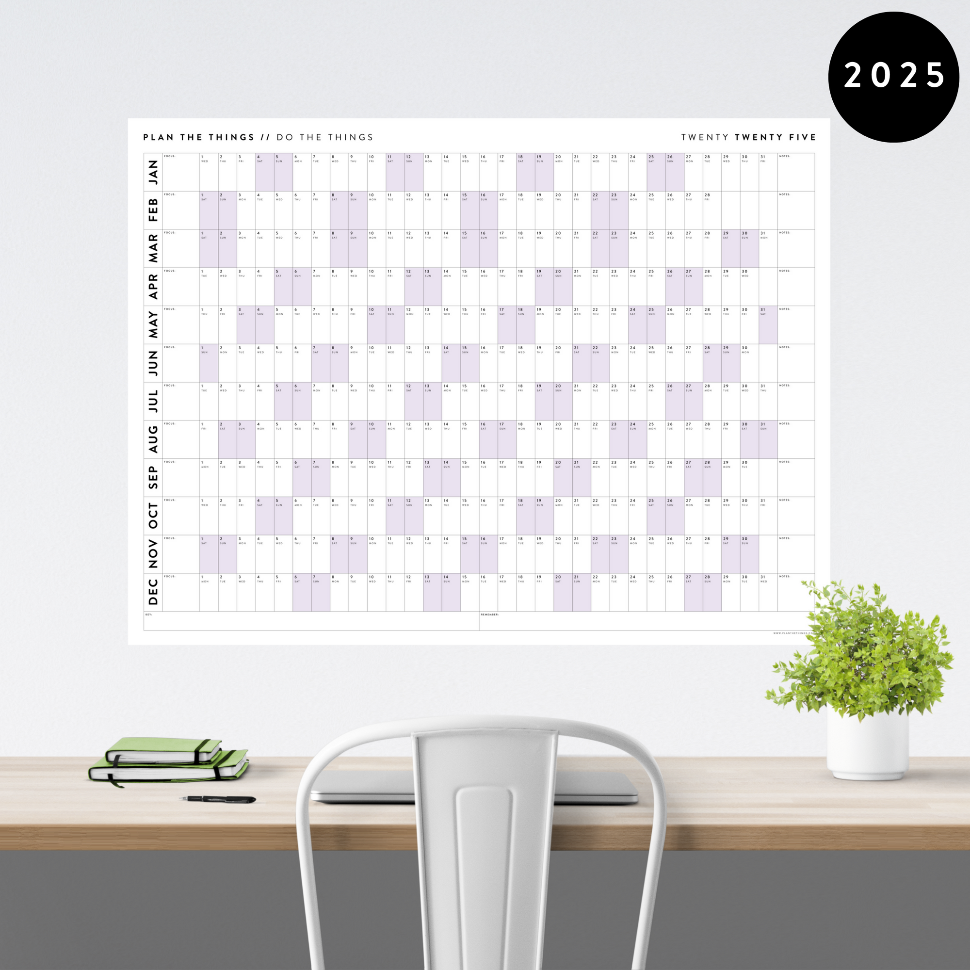 GIANT 2025 ANNUAL WALL CALENDAR | HORIZONTAL WITH PURPLE WEEKENDS