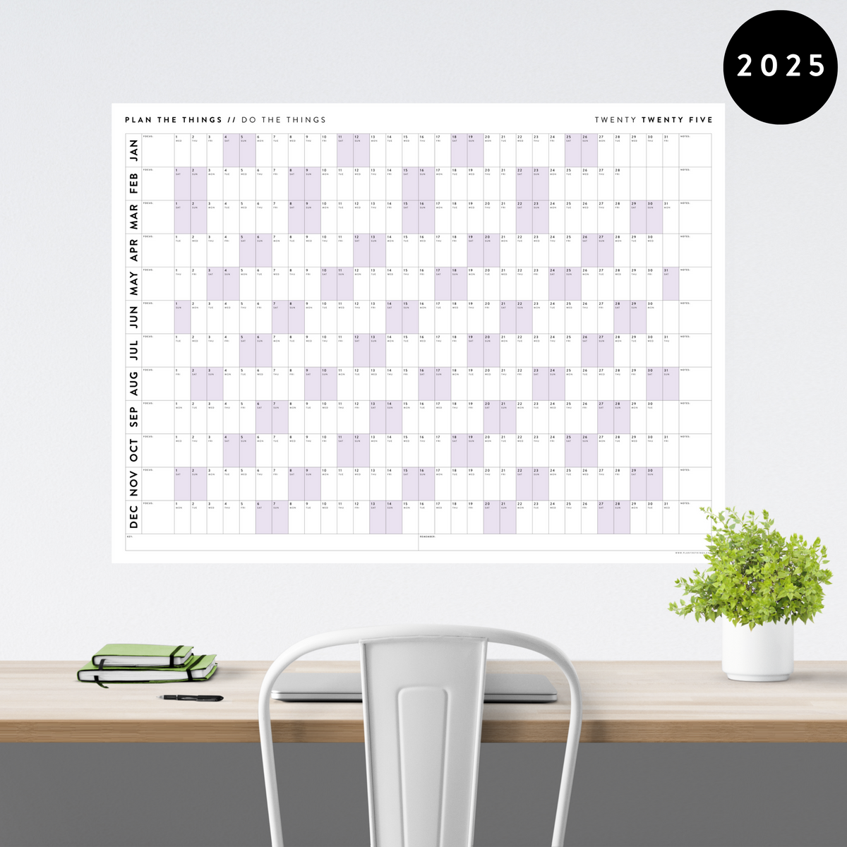 PRINTABLE 2025 HORIZONTAL WALL CALENDAR WITH PURPLE WEEKENDS - INSTANT - Plan The Things printable-2025-horizontal-wall-calendar-with-purple-weekends-instant-plan-the-things