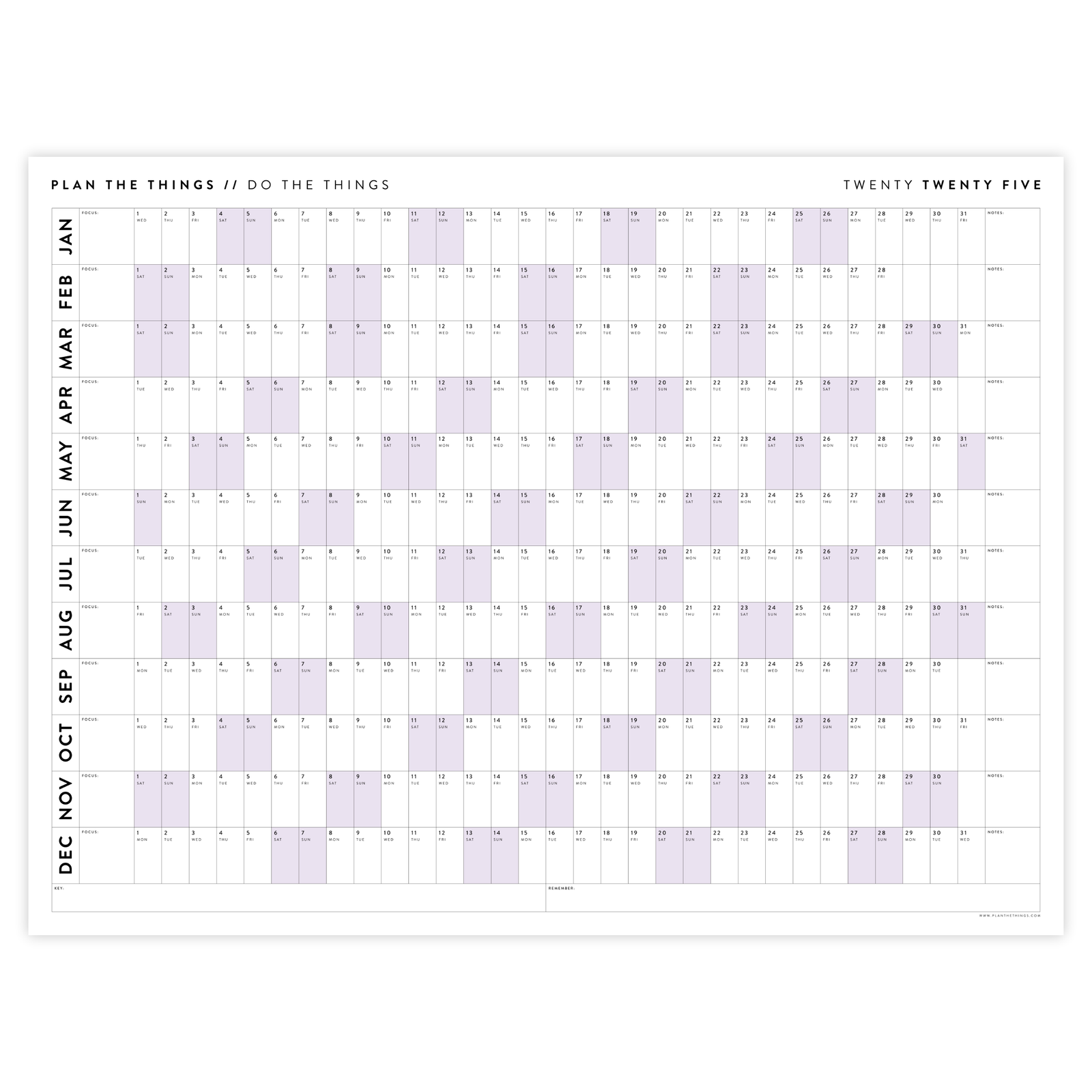 GIANT 2025 ANNUAL WALL CALENDAR | HORIZONTAL WITH PURPLE WEEKENDS