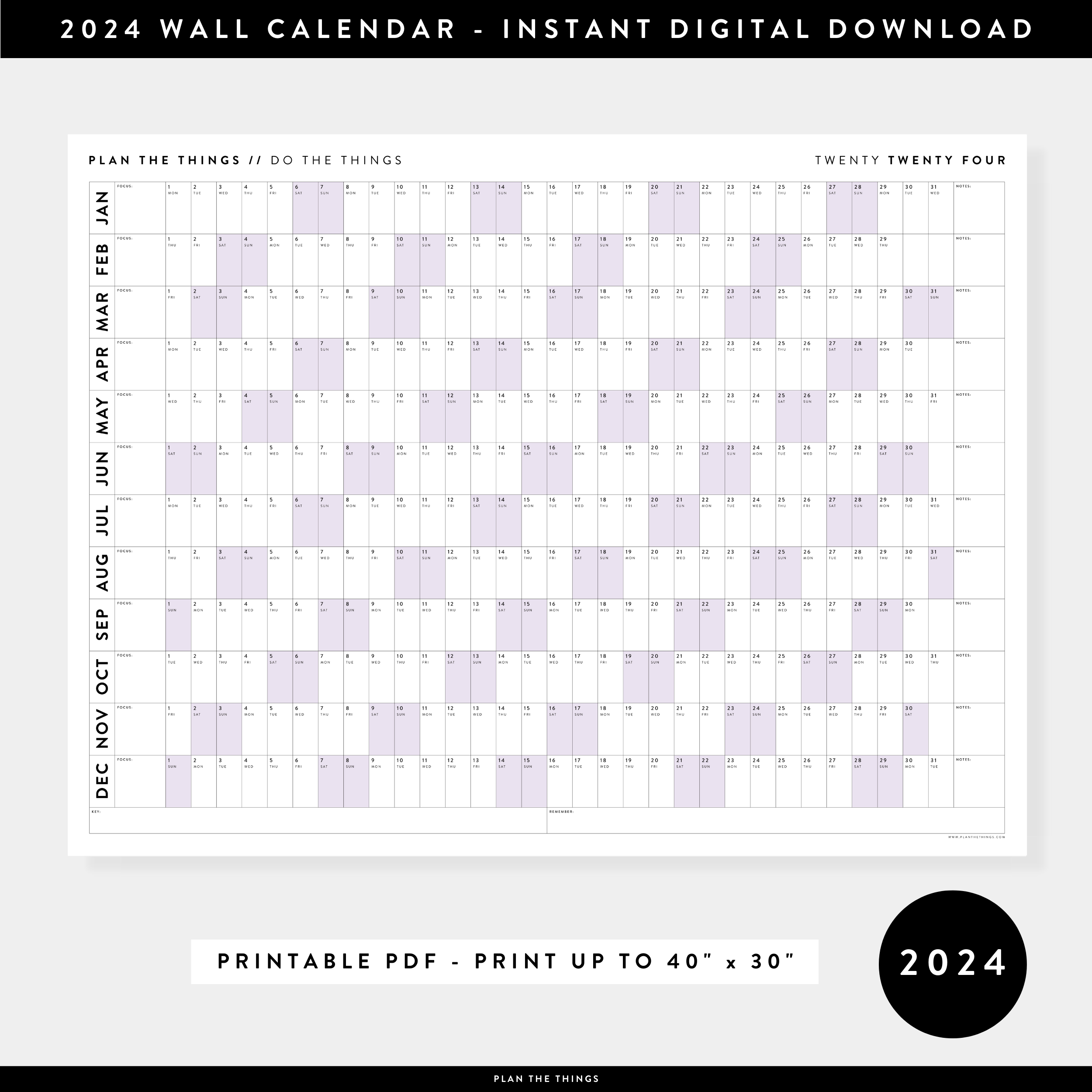 PRINTABLE HORIZONTAL 2024 WALL CALENDAR WITH PURPLE WEEKENDS INSTANT