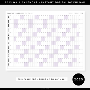 PRINTABLE 2025 HORIZONTAL WALL CALENDAR WITH PURPLE WEEKENDS - INSTANT DOWNLOAD