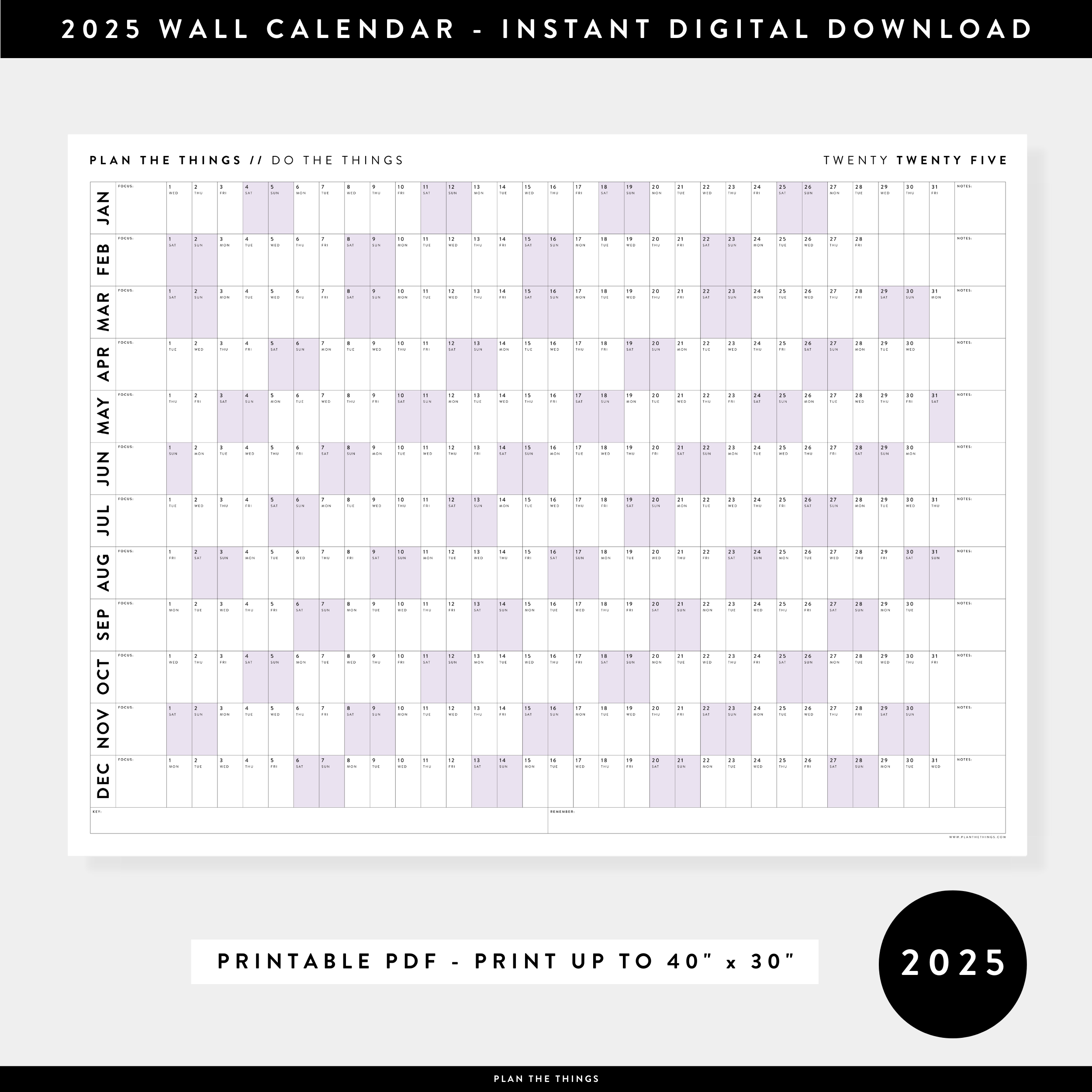PRINTABLE HORIZONTAL 2025 WALL CALENDAR WITH PURPLE WEEKENDS INSTANT