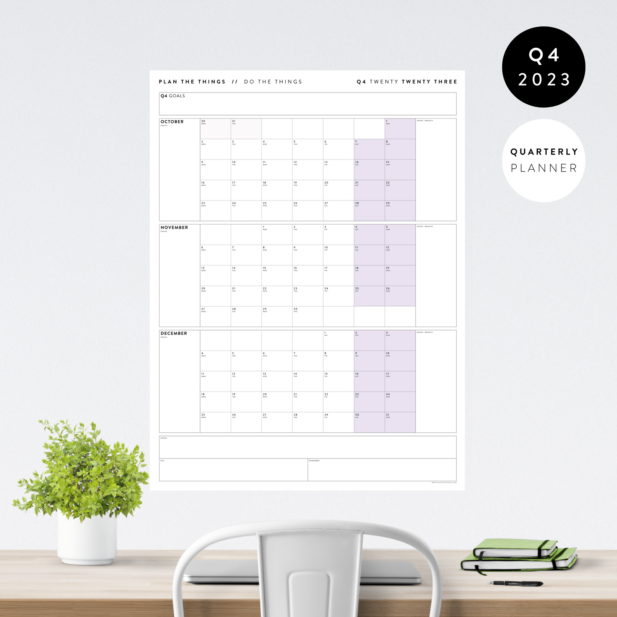 Q4 2023 QUARTERLY GIANT WALL CALENDAR (OCTOBER - DECEMBER 2023) - PURPLE WEEKENDS