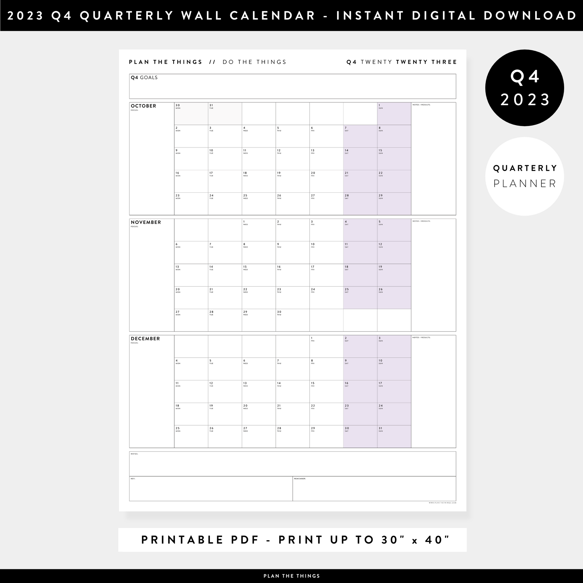 PRINTABLE Q4 (OCTOBER - DECEMBER) 2023 QUARTERLY WALL CALENDAR (PURPLE) - INSTANT PDF DOWNLOAD