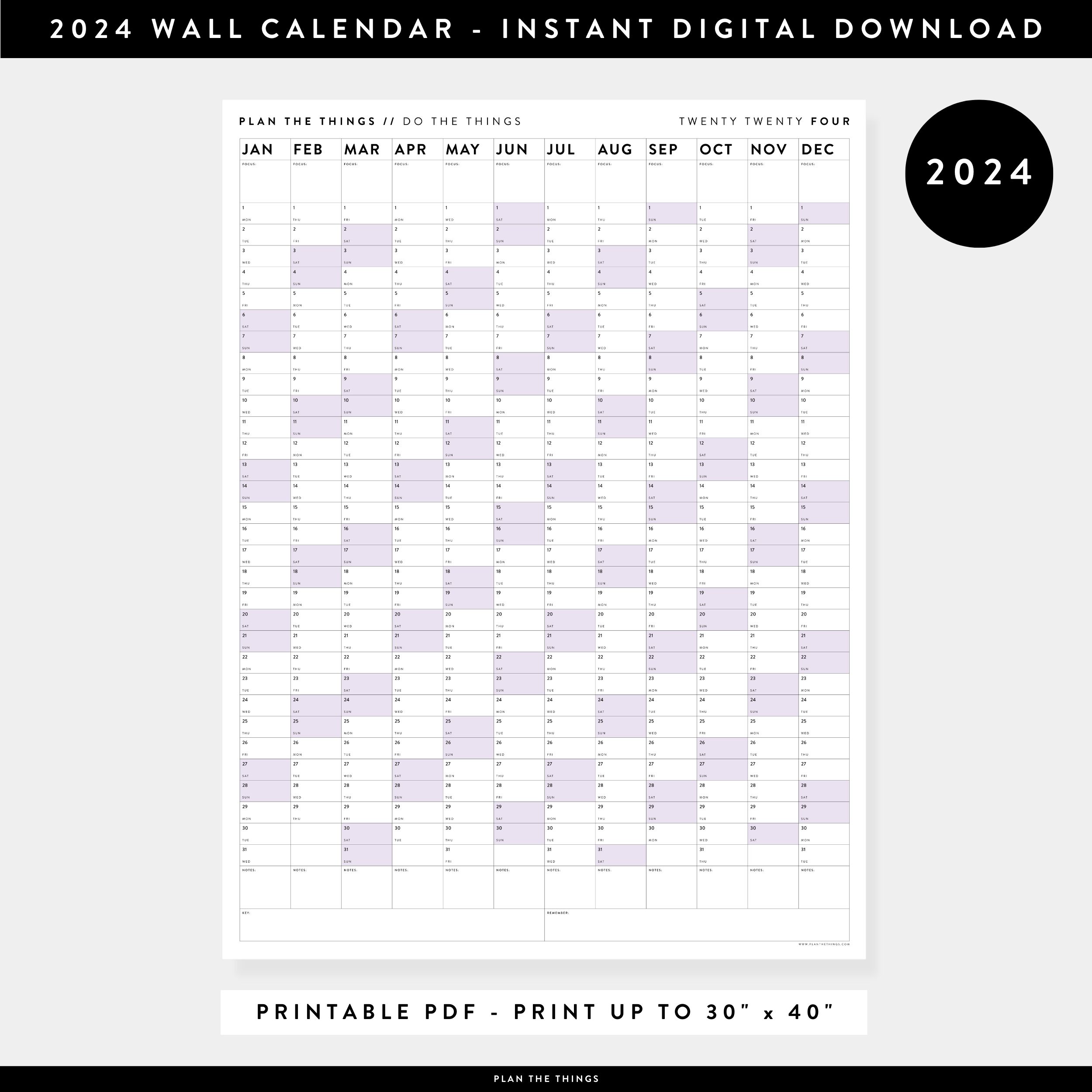 PRINTABLE VERTICAL 2024 WALL CALENDAR WITH PURPLE WEEKENDS - INSTANT D - Plan The Things printable-vertical-2024-wall-calendar-with-purple-weekends-instant-d-plan-the-things