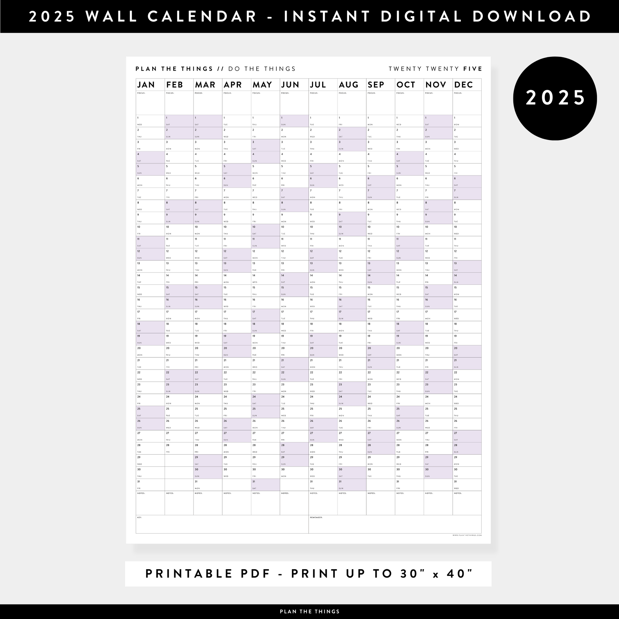 PRINTABLE VERTICAL 2025 WALL CALENDAR WITH PURPLE WEEKENDS - INSTANT DOWNLOAD