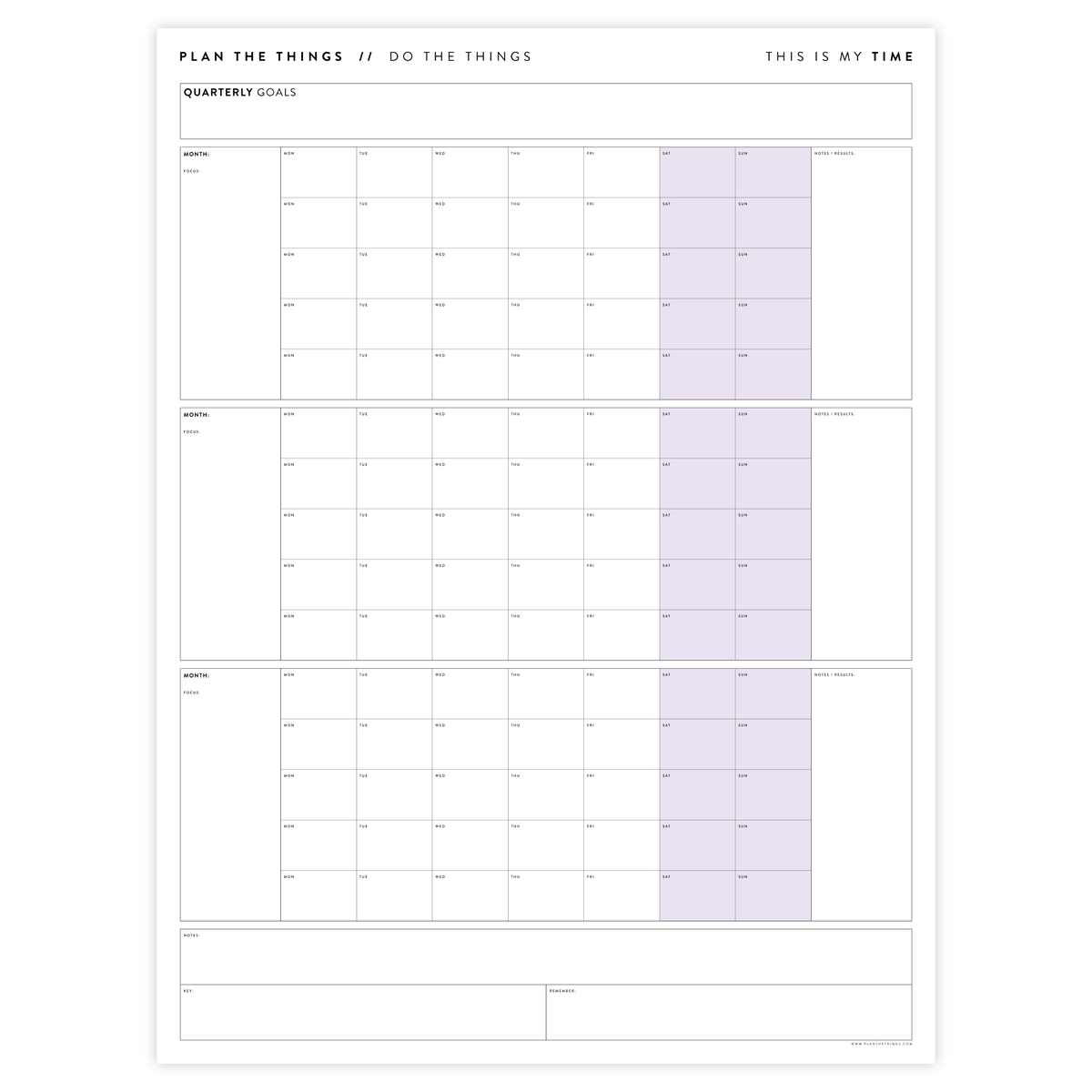 UNDATED QUARTERLY GIANT WALL CALENDAR - MONDAY START - PURPLE WEEKENDS