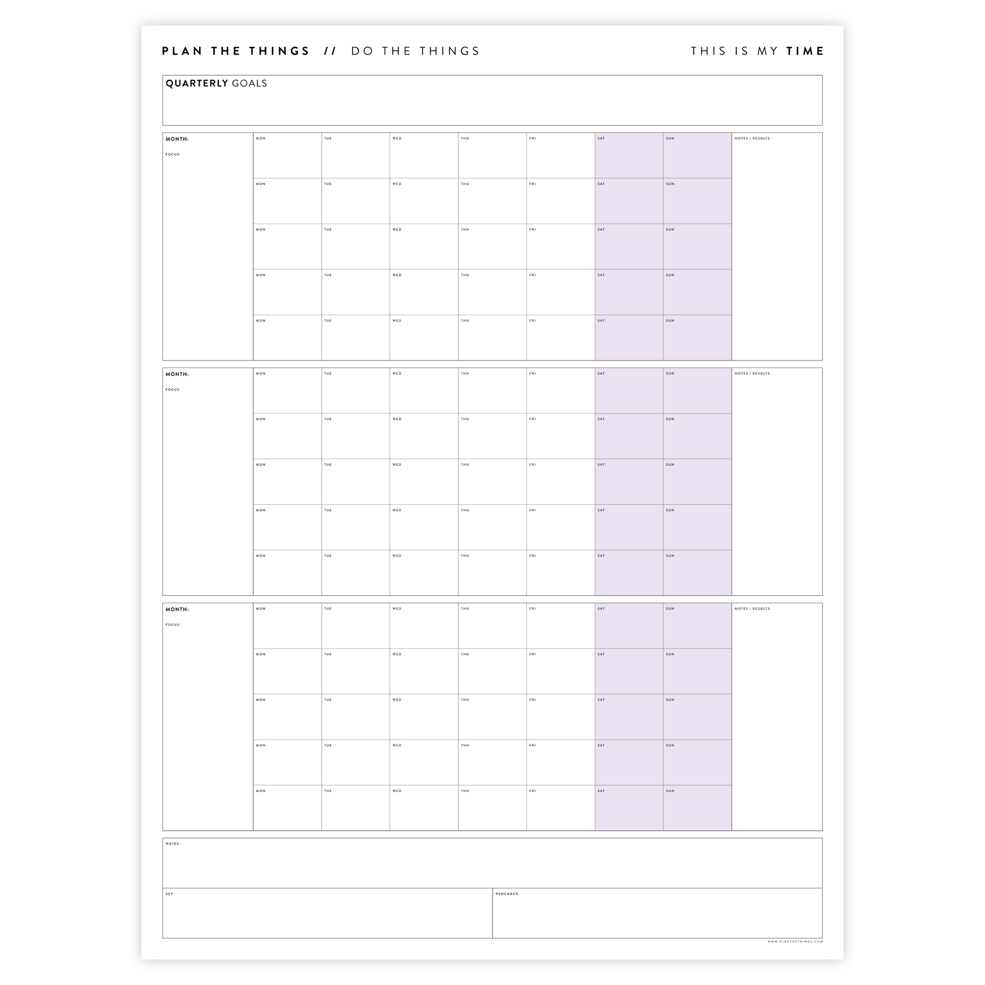 PRINTABLE UNDATED QUARTERLY WALL CALENDAR - MONDAY START - PURPLE WEEKENDS - INSTANT DOWNLOAD