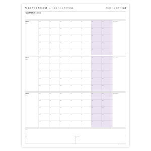 PRINTABLE UNDATED QUARTERLY WALL CALENDAR - MONDAY START - PURPLE WEEKENDS - INSTANT DOWNLOAD
