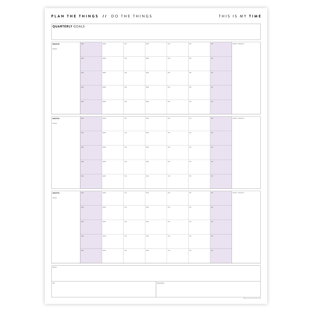 UNDATED QUARTERLY GIANT WALL CALENDAR - SUNDAY START - PURPLE WEEKENDS