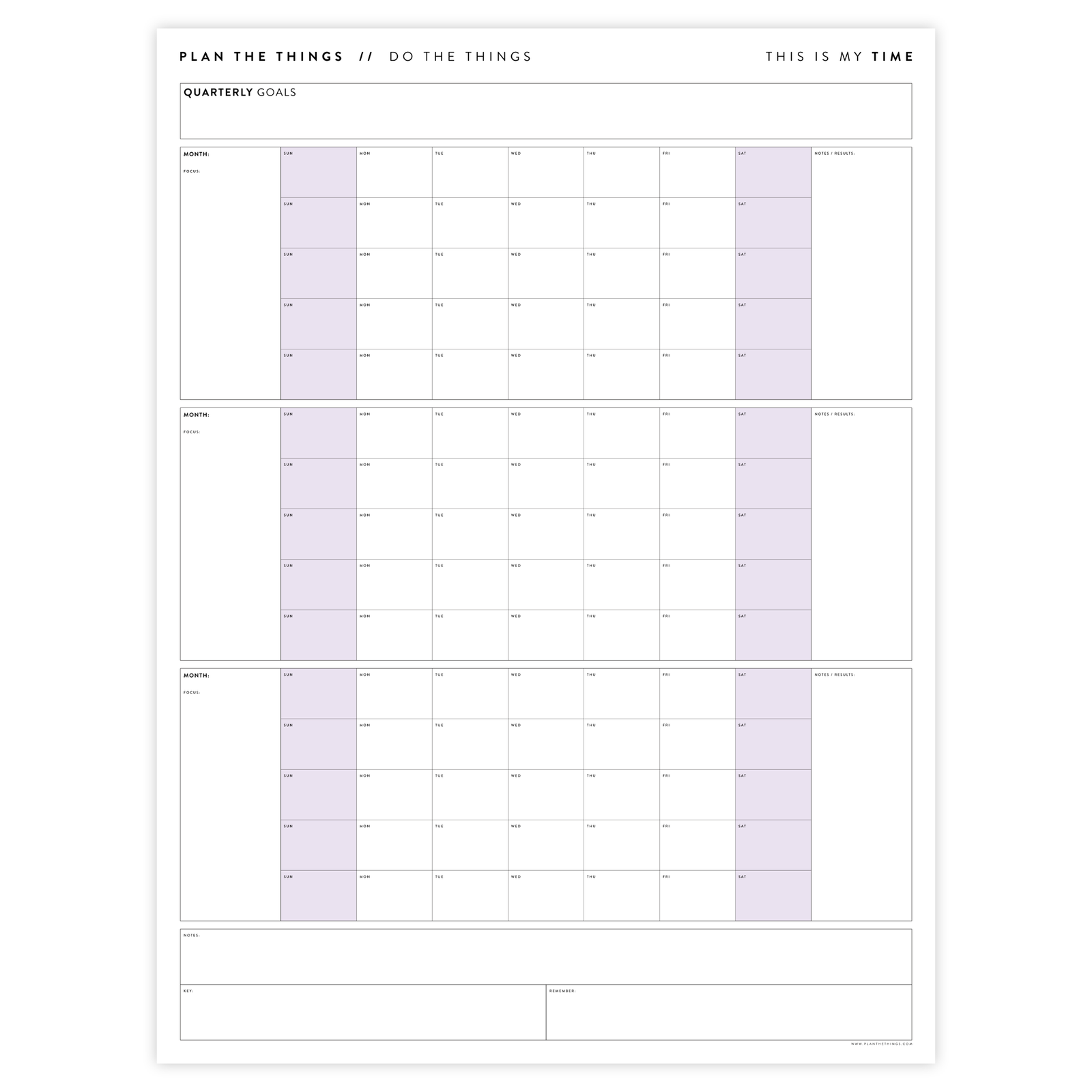 UNDATED QUARTERLY GIANT WALL CALENDAR - SUNDAY START - PURPLE WEEKENDS