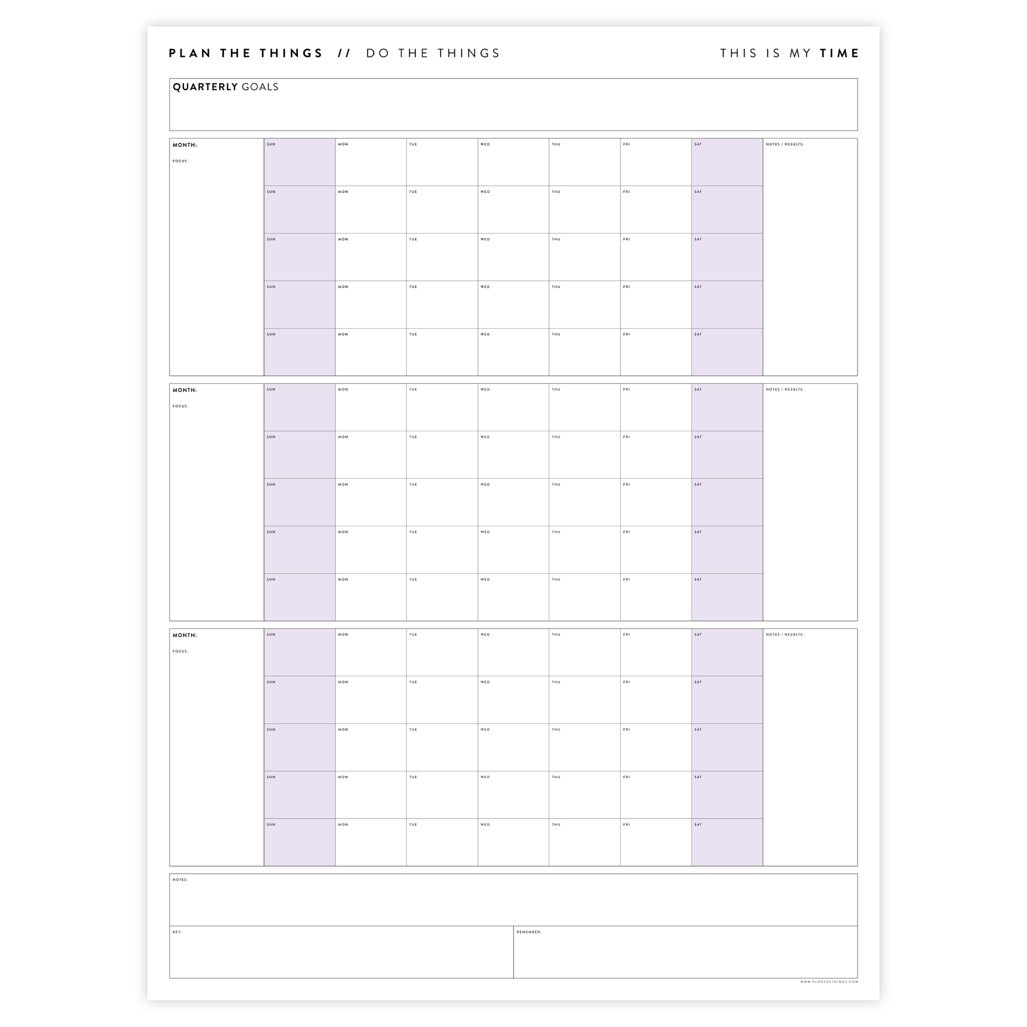PRINTABLE UNDATED QUARTERLY WALL CALENDAR - SUNDAY START - PURPLE WEEKENDS - INSTANT DOWNLOAD