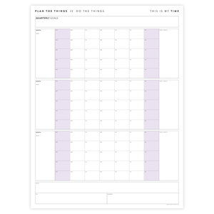 PRINTABLE UNDATED QUARTERLY WALL CALENDAR - SUNDAY START - PURPLE WEEKENDS - INSTANT DOWNLOAD
