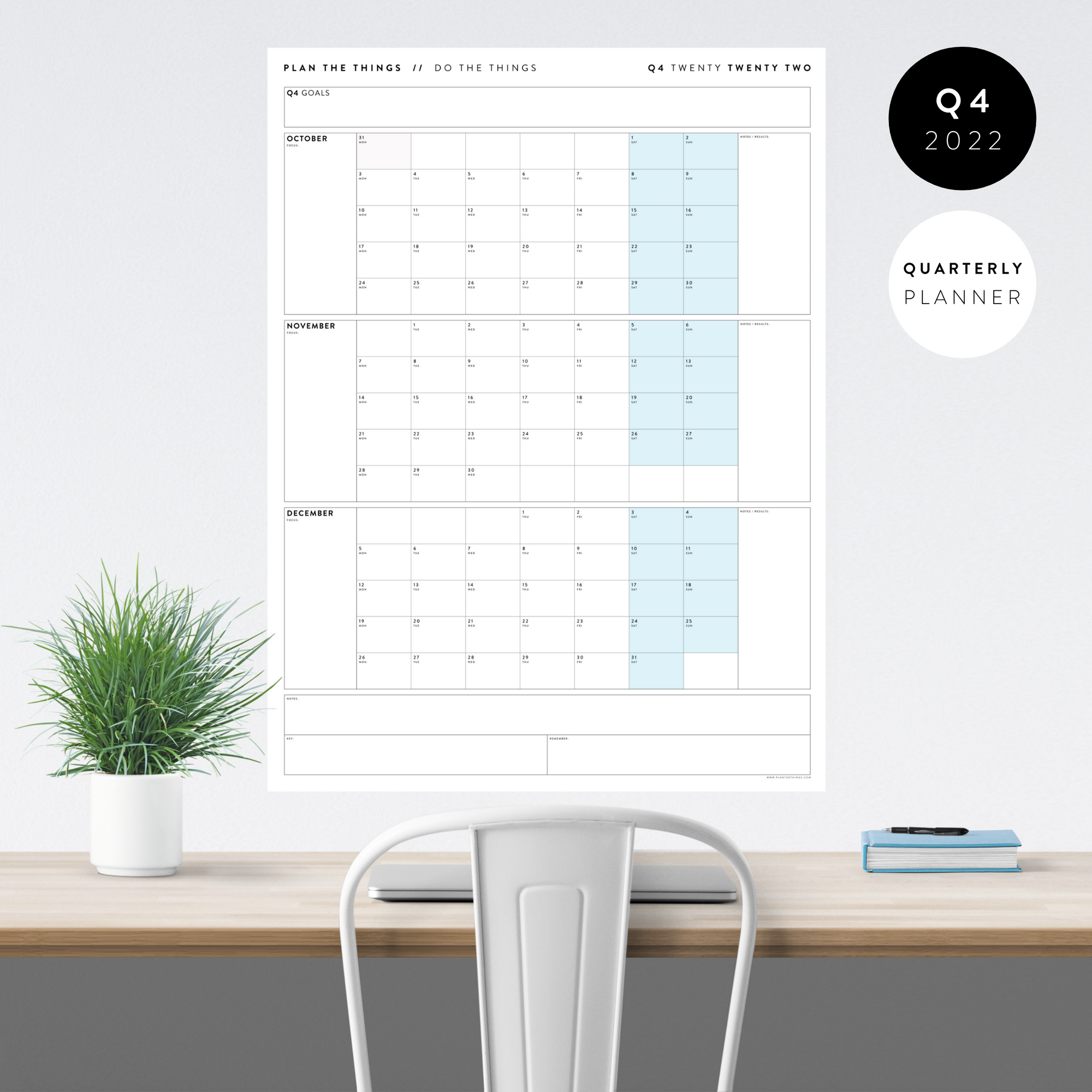 Q4 2022 QUARTERLY GIANT WALL CALENDAR (OCTOBER - DECEMBER 2022) - BLUE WEEKENDS