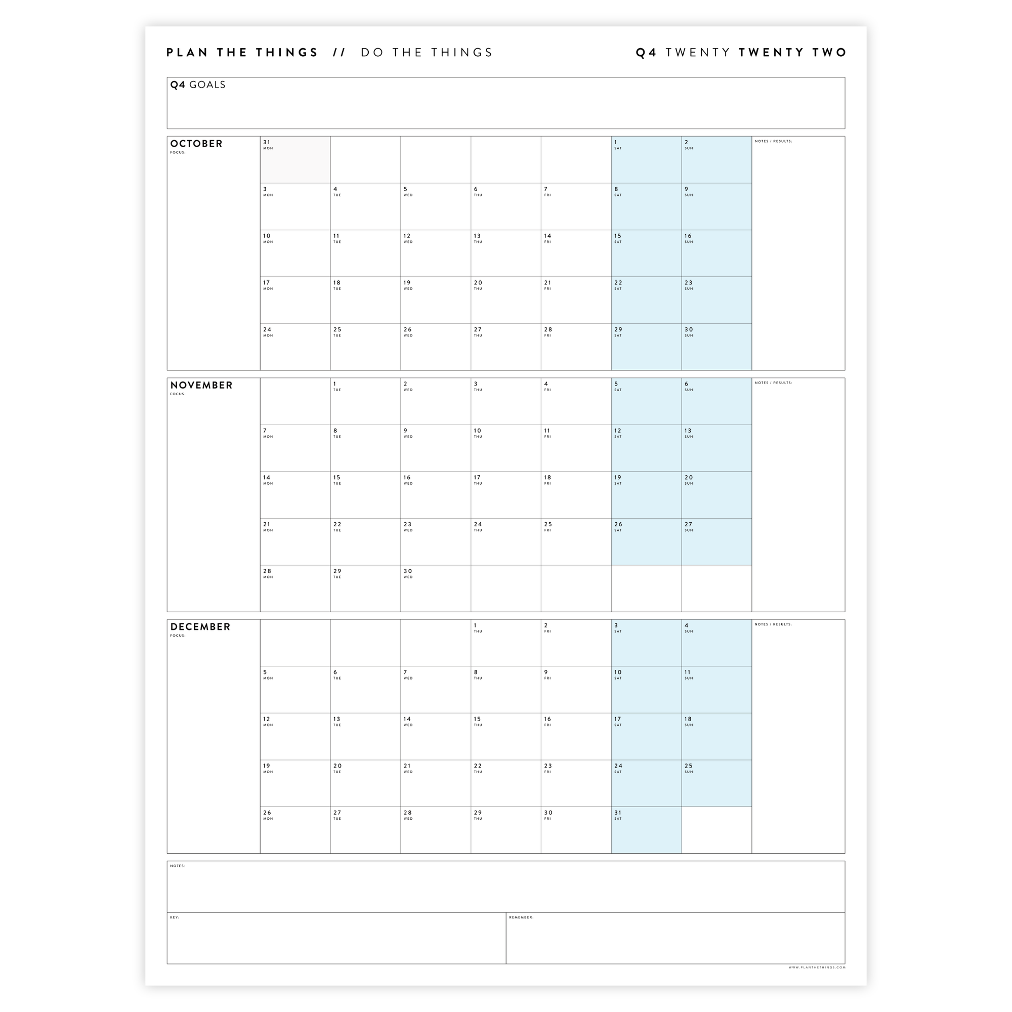 Q4 2022 QUARTERLY GIANT WALL CALENDAR (OCTOBER - DECEMBER 2022) - BLUE WEEKENDS