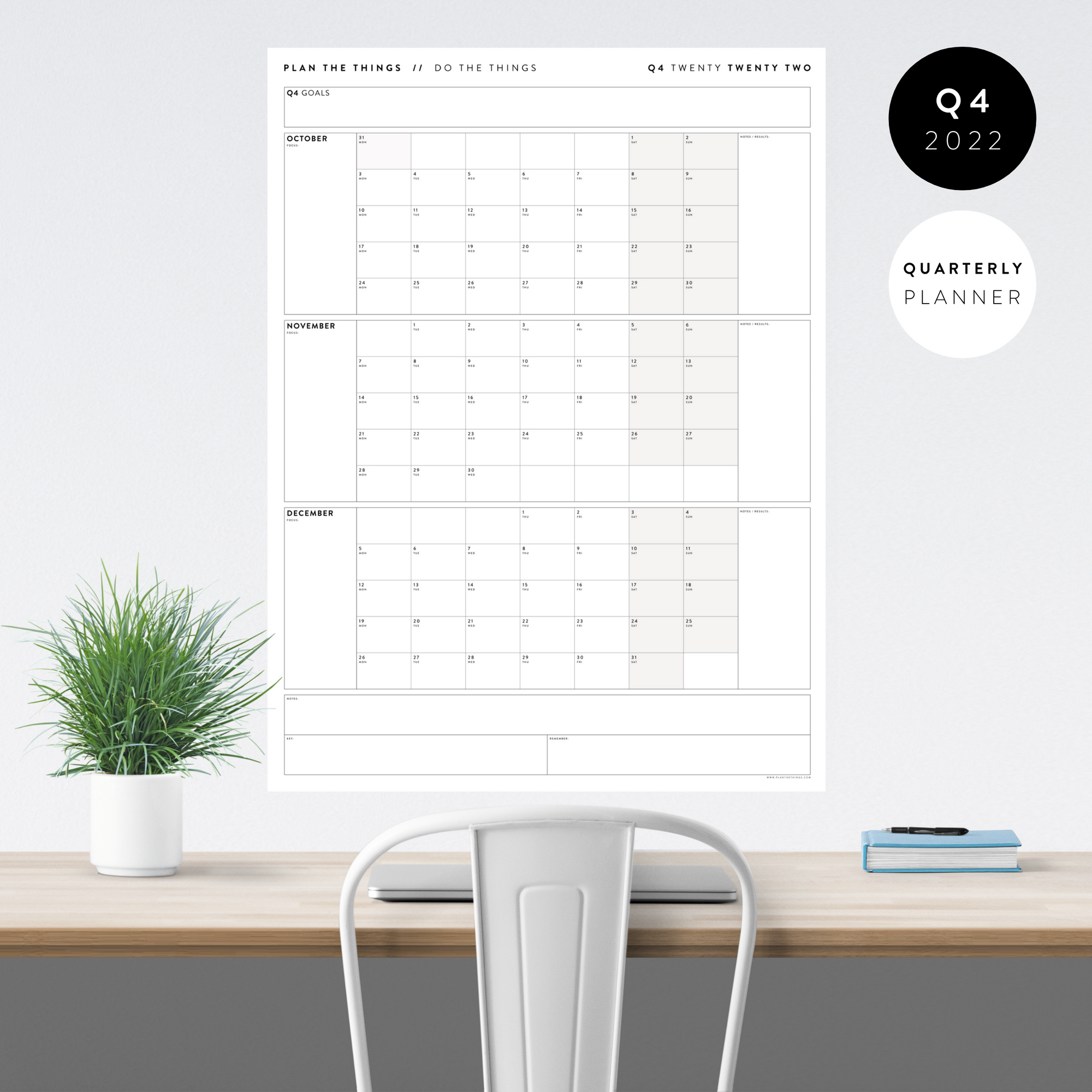 Q4 2022 QUARTERLY GIANT WALL CALENDAR (OCTOBER - DECEMBER 2022) - GRAY WEEKENDS