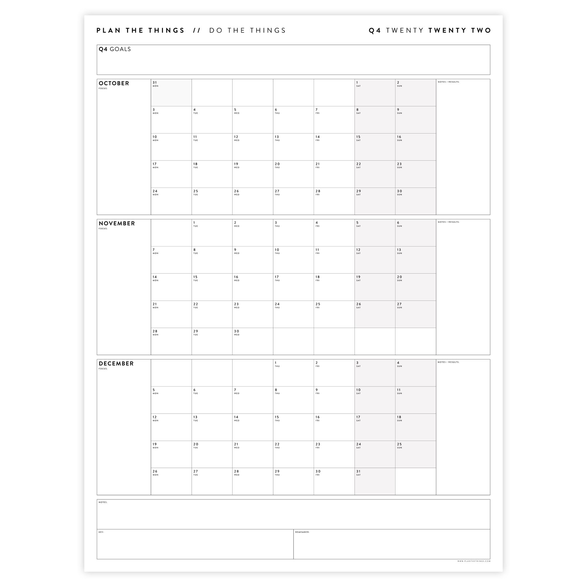 Q4 2022 QUARTERLY GIANT WALL CALENDAR (OCTOBER - DECEMBER 2022) - GRAY WEEKENDS