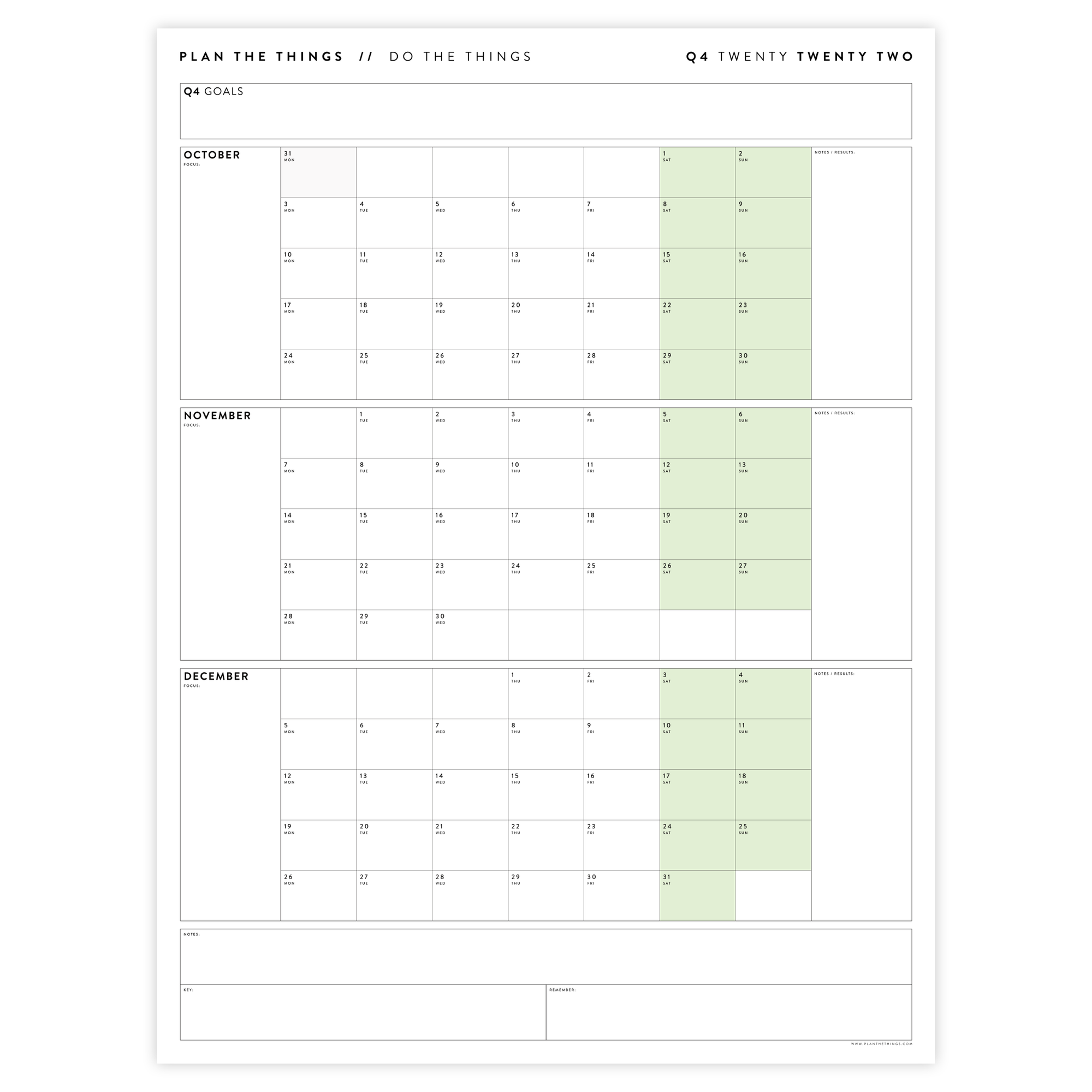 Q4 2022 QUARTERLY GIANT WALL CALENDAR (OCTOBER - DECEMBER 2022) - GREEN WEEKENDS